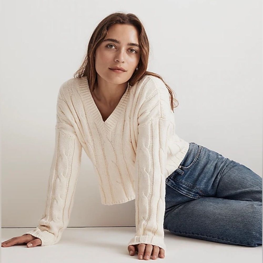 010/ nwt madewell nm613 Cable-Knit V-Neck Crop Sweater size xxs